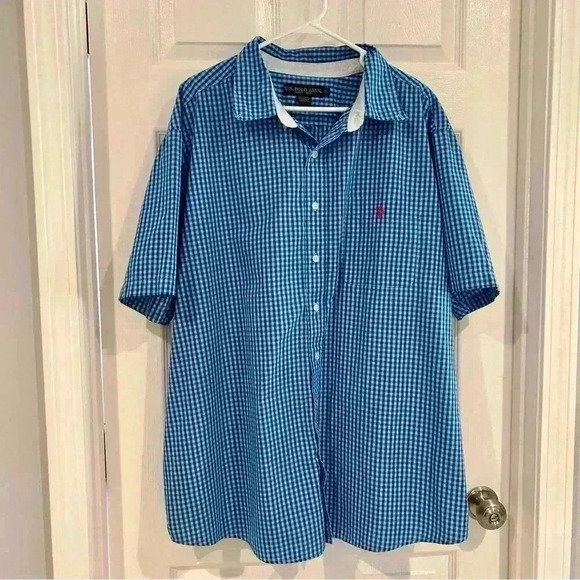 U.S. Polo Assn. Men's Blue Checked Button Up Shirt 2XL Short Sleeve Casual - Picture 1 of 6